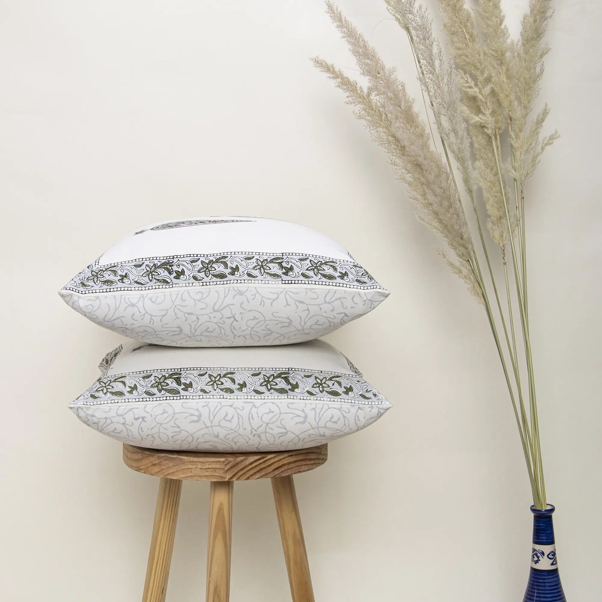 Block Print Cotton 3-Seater Cushion Sofa Leaf Design